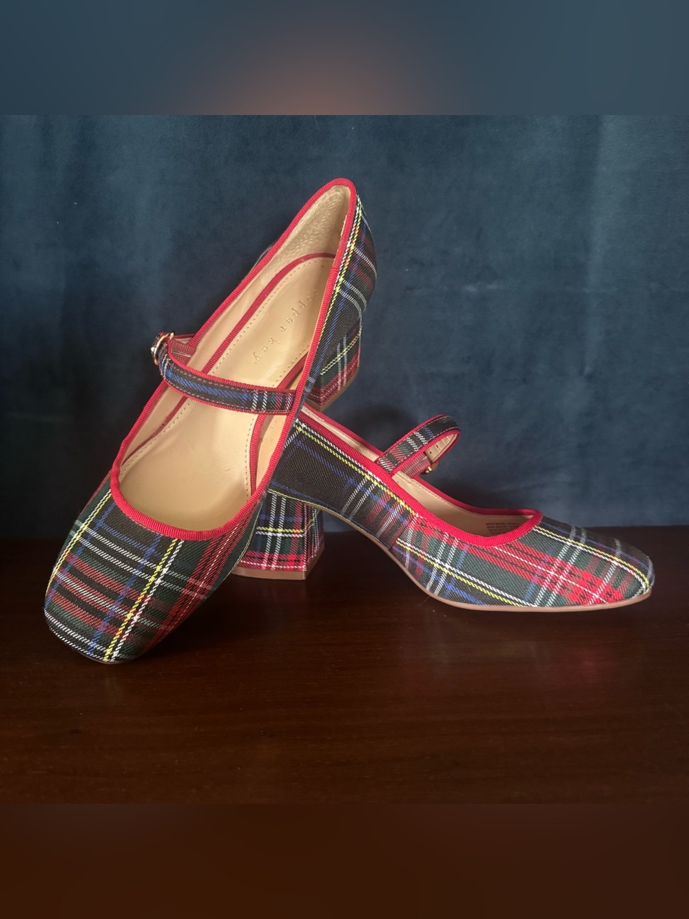 Copper Key Red Trim Tartan Plaid Mary Jane Block Heels Tinsel Navy